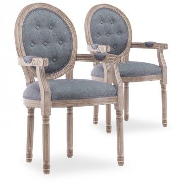 Lot de 2 fauteuils médaillon capitonnés Louis XVI tissu Gris