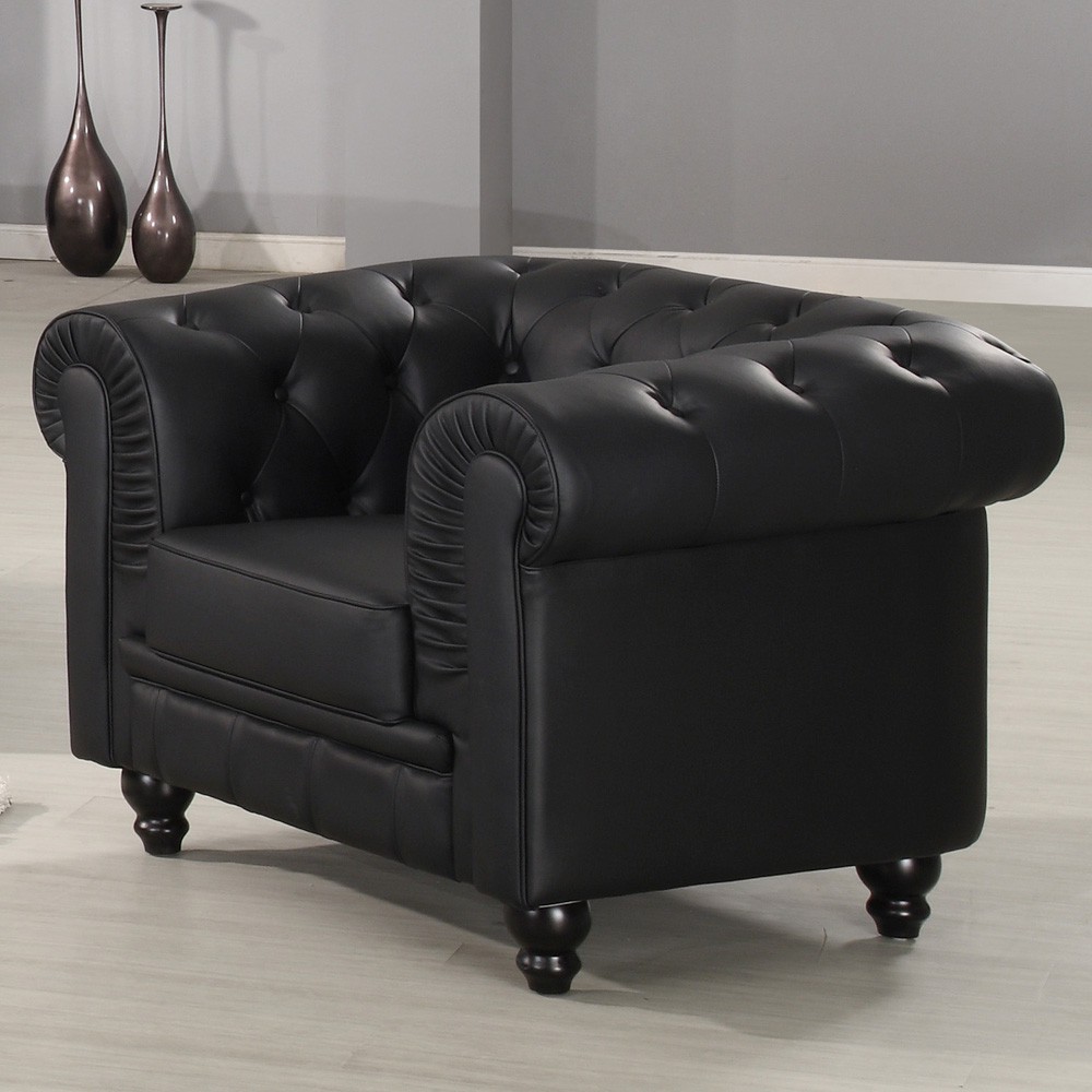 Canapé Chesterfield 2 Places Regency Noir - Design Capitonné Losange, Pieds En Bois, Style Anglais - 4