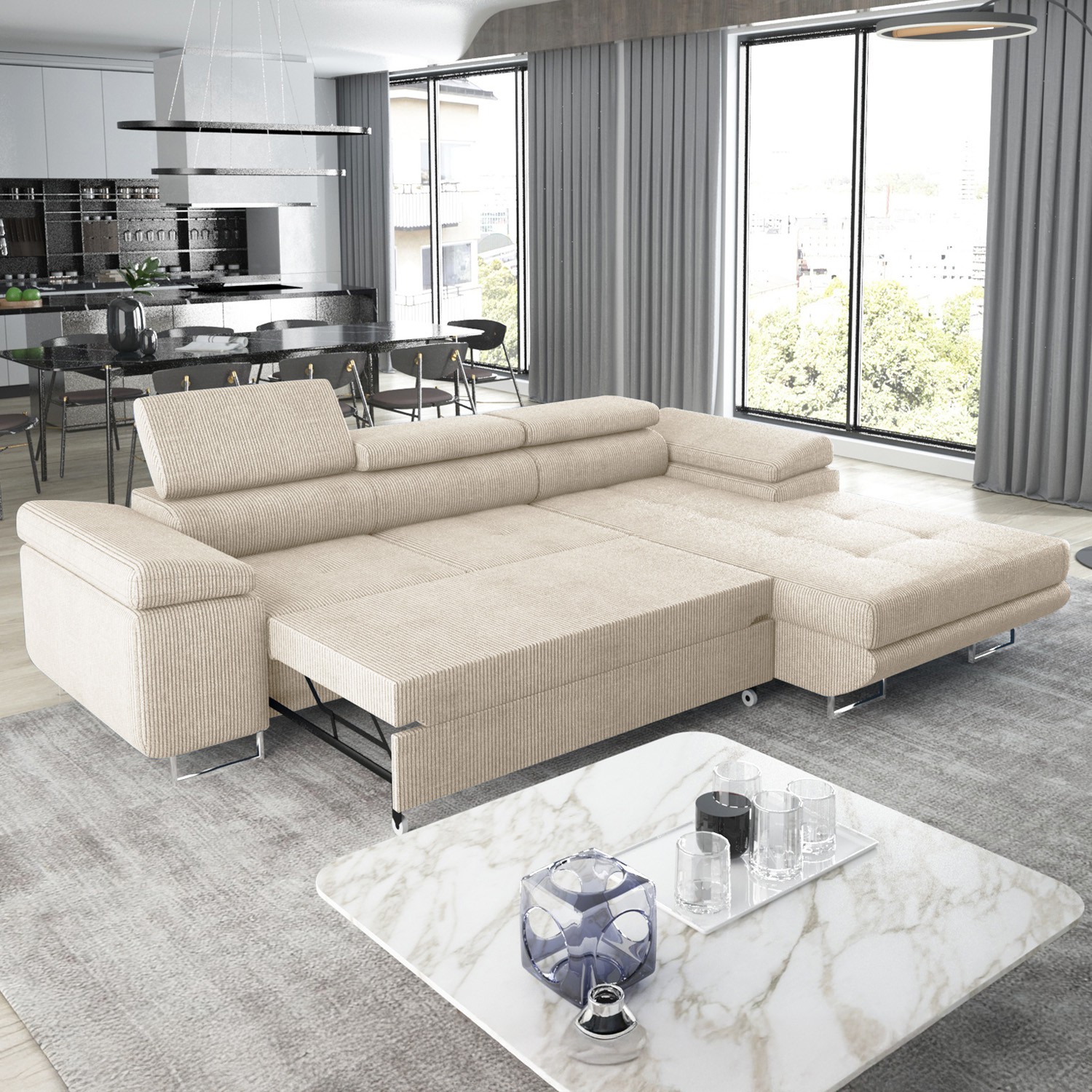 Canapé D'angle Convertible Et Réversible En Velours Côtelé Beige NESSARO