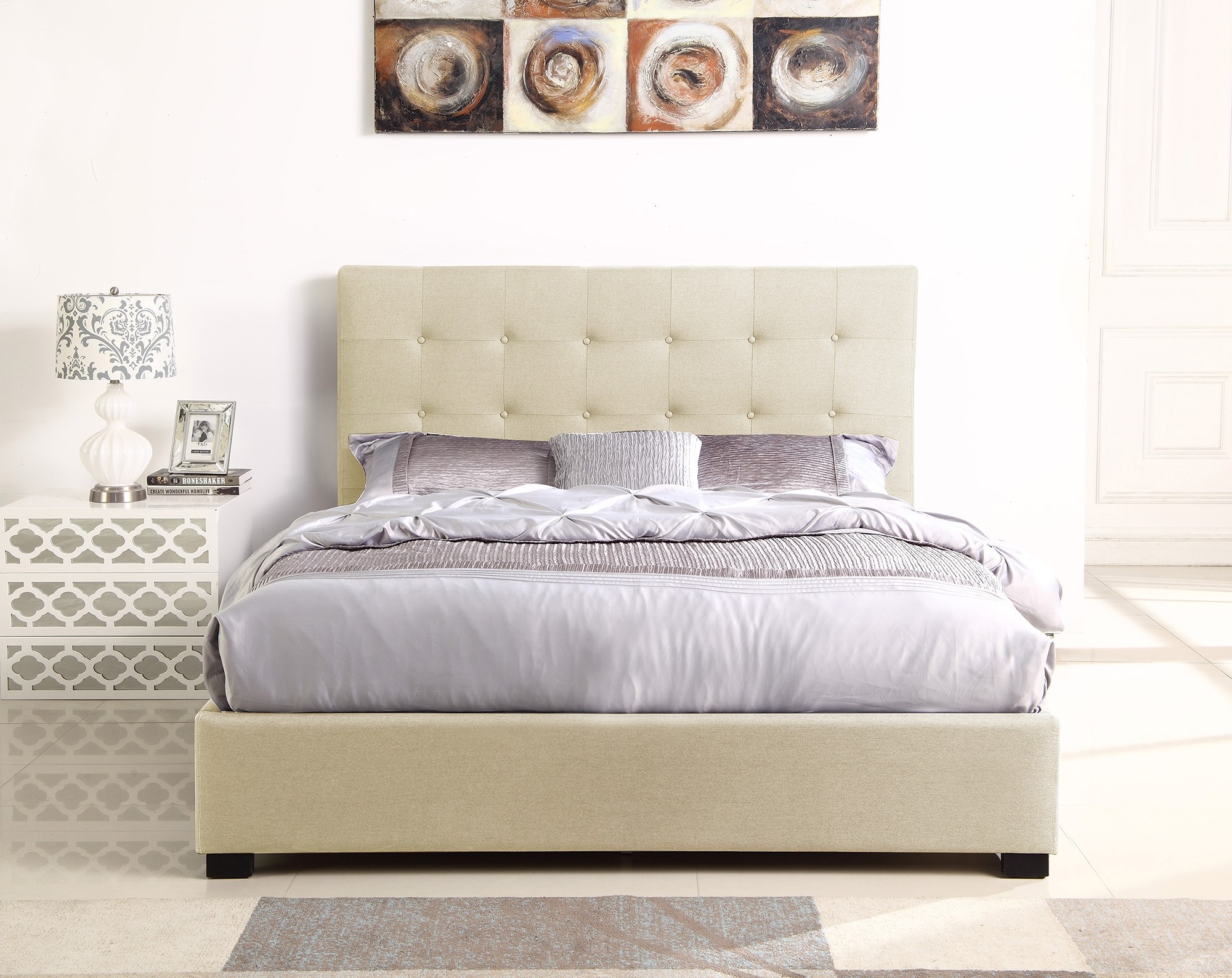 Lit Coffre Layton Sommier 160cm Tissu Beige
