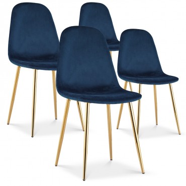 Lot de 4 chaises scandinaves Bali velours bleu pieds or