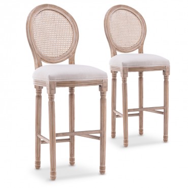 Lot de 2 chaises de bar médaillon Louis XVI cannage rotin tissu Beige