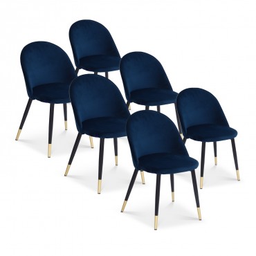 Lot de 6 chaises Bertille en velours bleu pieds noir et or