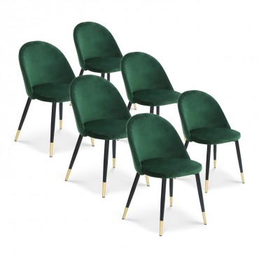 Lot de 6 chaises Bertille en velours vert pieds noir et or