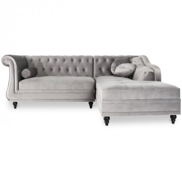 Canapé d'angle droit Empire Velours Argent style Chesterfield