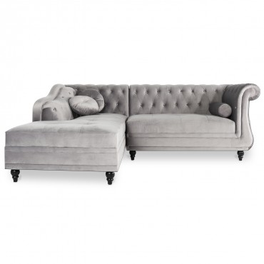 Canapé d'angle gauche Empire Velours Argent style Chesterfield