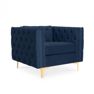 Fauteuil Edward Velours Bleu foncé pieds doré