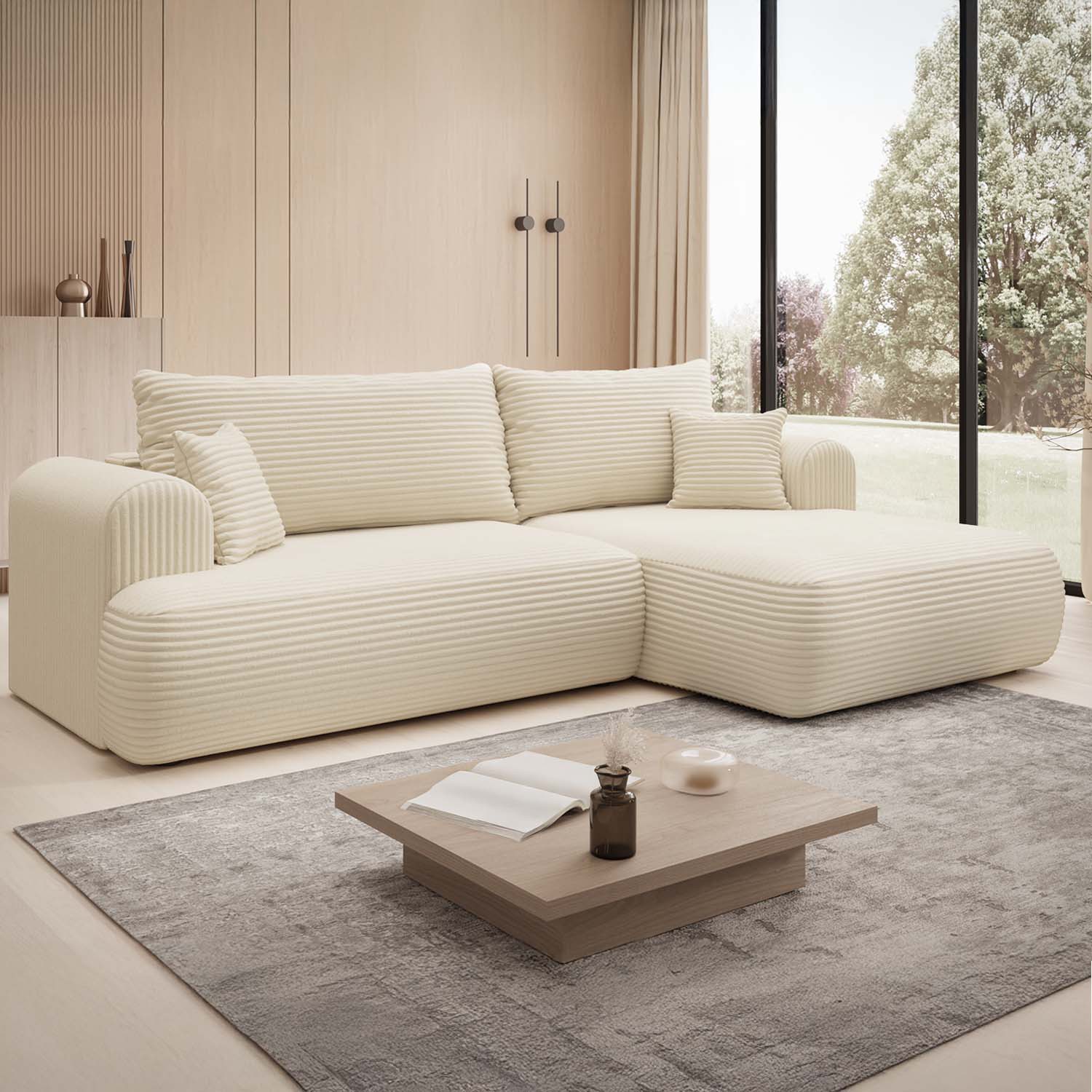 Canapé d'angle droit convertible Velaro velours côtelé Beige