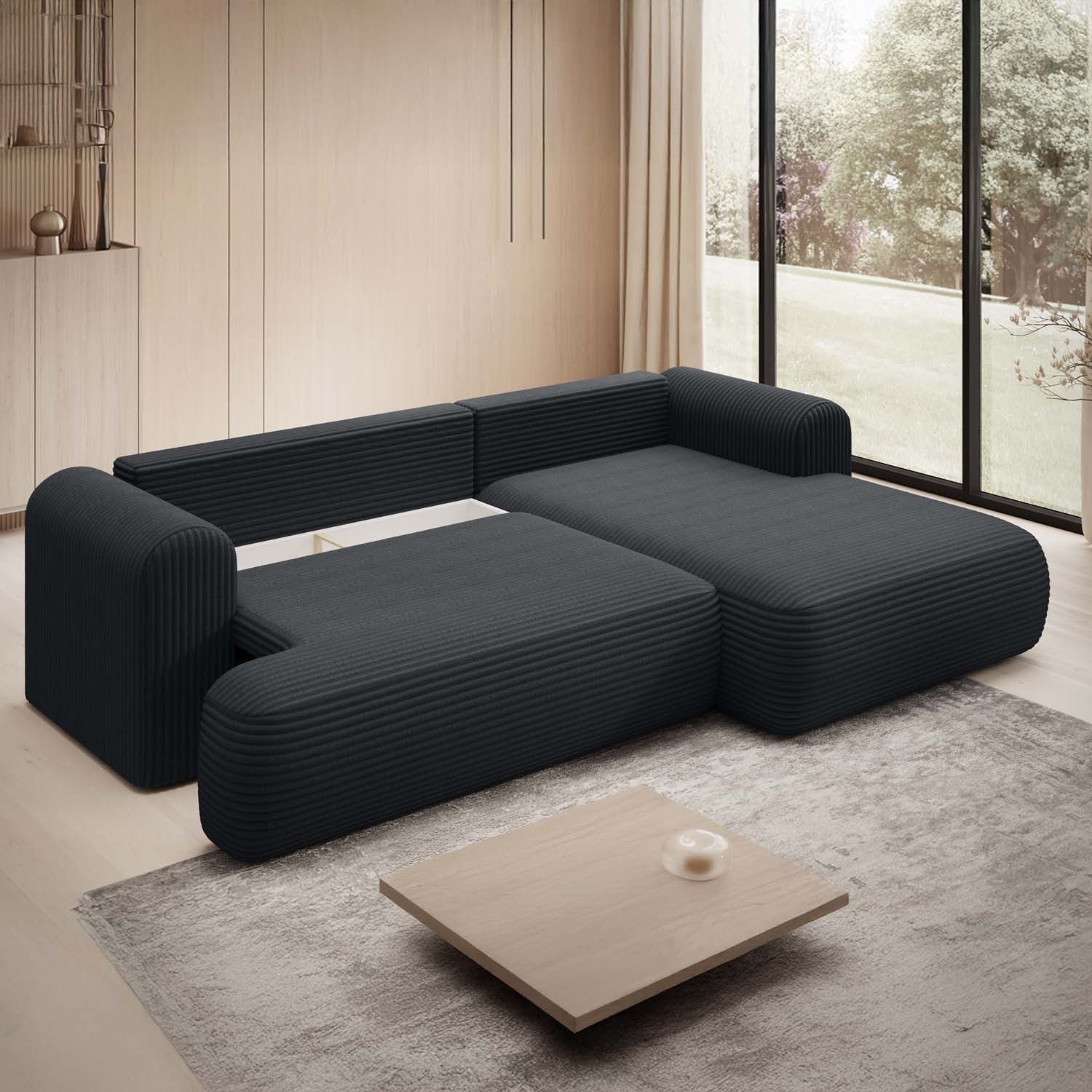 Canapé d'angle droit convertible Velaro velours côtelé Noir