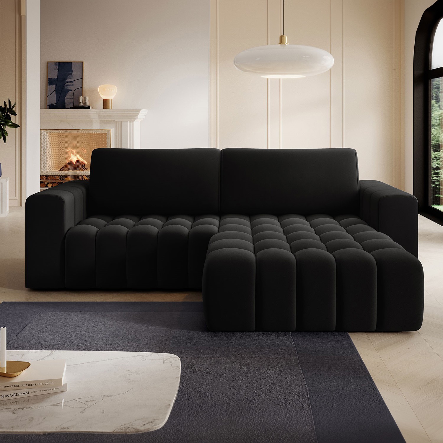 Canapé d'angle droit convertible Clovis Velours Noir