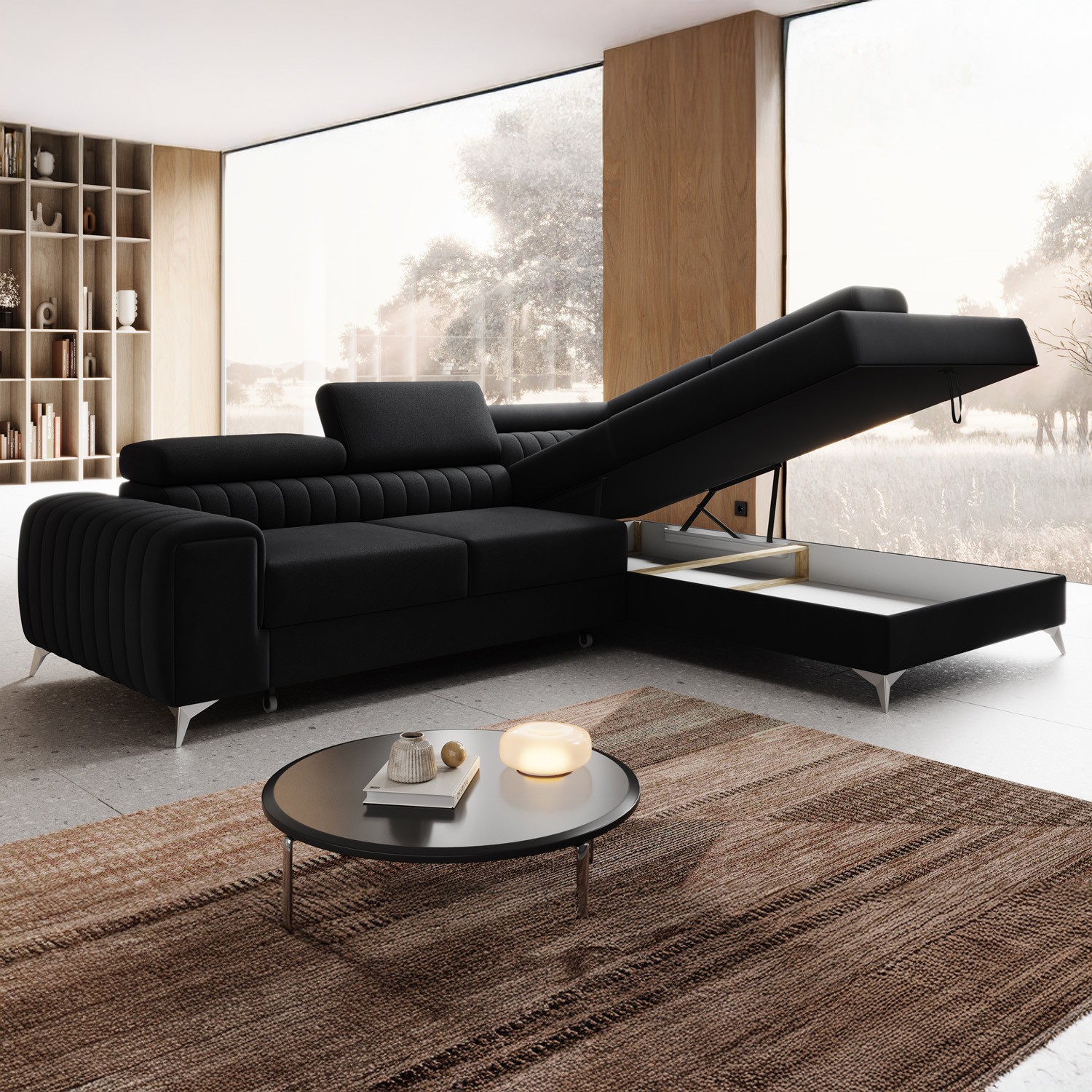 Canapé d'angle droit convertible Isaac Velours Noir