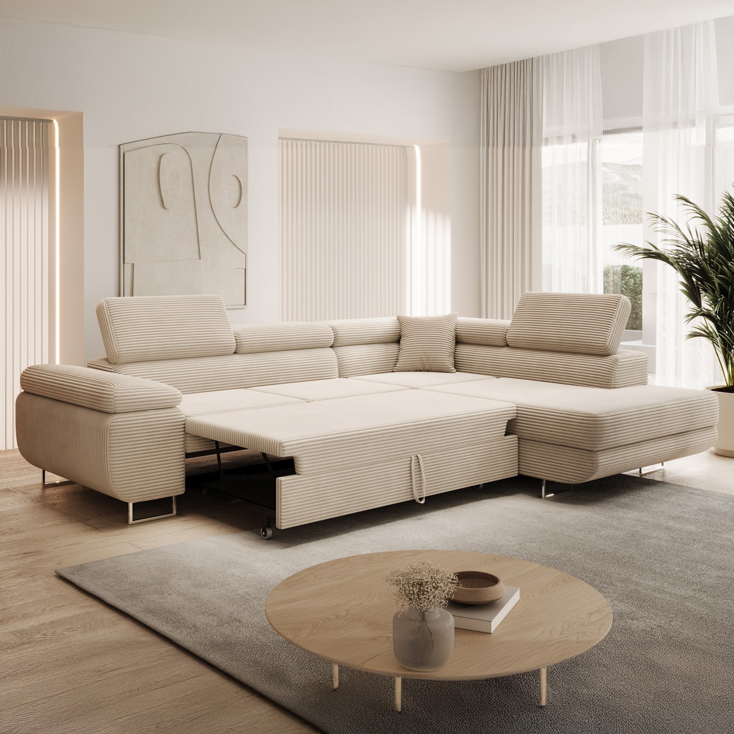 INTENSE DECO Canapé D'angle Gauche Convertible Marius Velours Côtelé Beige