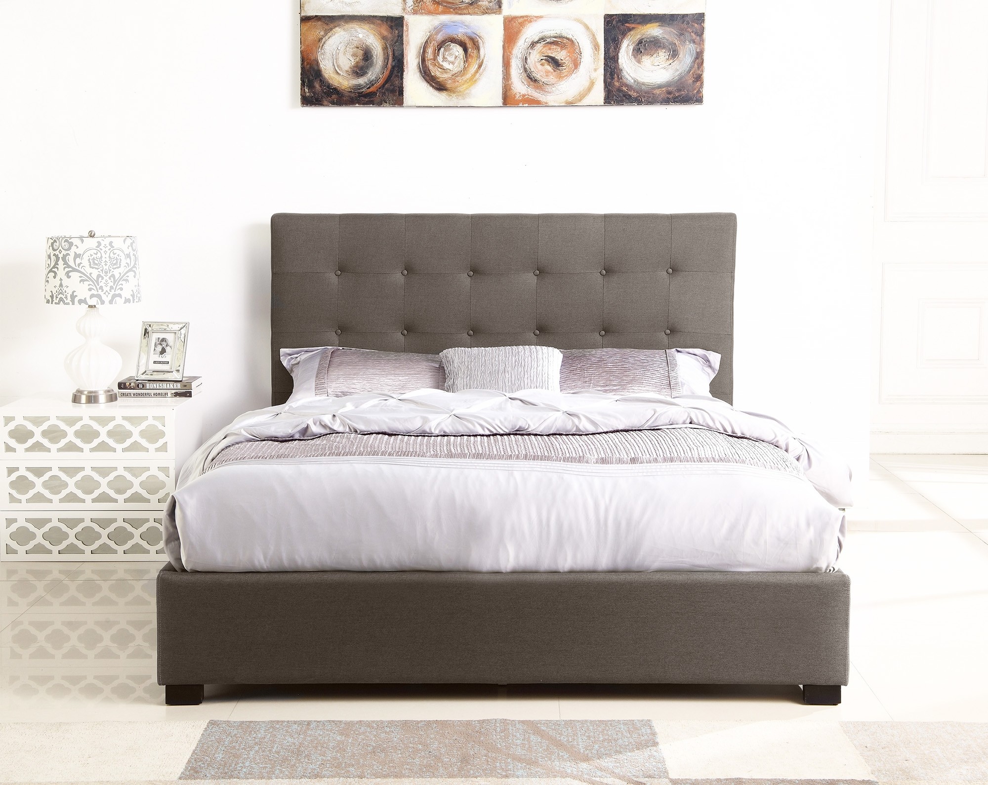 Lit Coffre Layton Sommier 140cm Tissu Taupe