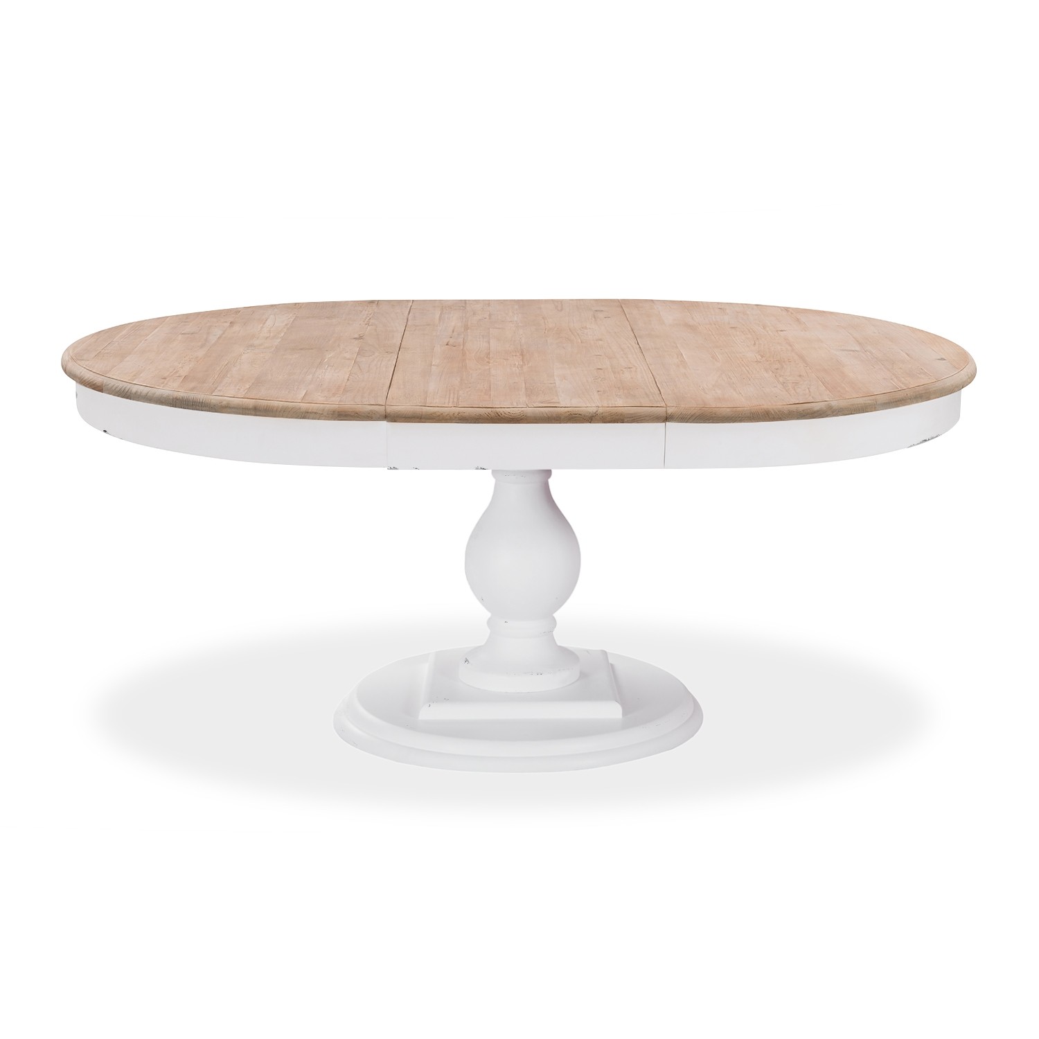 Soldes - Table ronde extensible en pin massif blanc vieilli pour 6