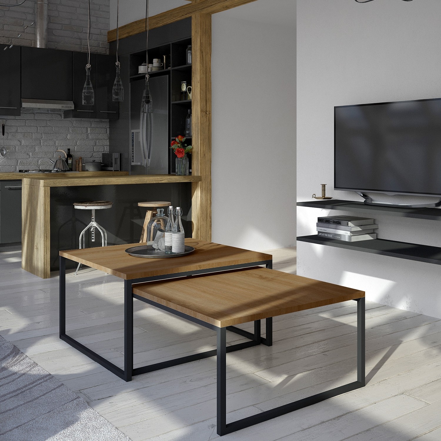 Table basse de style industriel June effet noyer